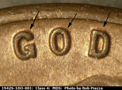 Die-stage B marker on 1942S•1DO•001 (1942 Doubled Die Obverse).