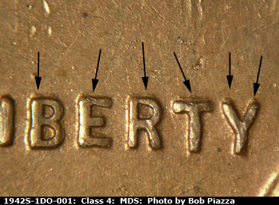 Die-stage B marker on 1942S•1DO•001 (1942 Doubled Die Obverse).