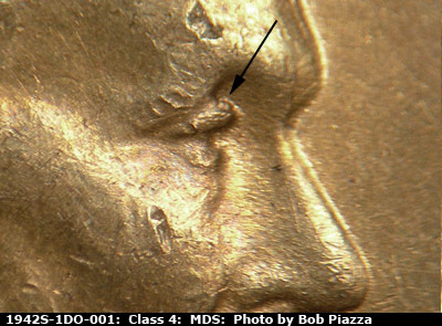 Die-stage B marker on 1942S•1DO•001 (1942 Doubled Die Obverse).