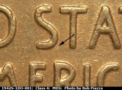 Die-stage B marker on 1942S•1DO•001 (1942 Doubled Die Obverse).