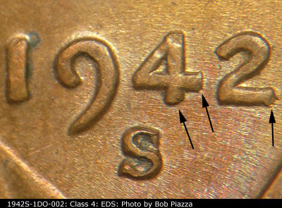 Die-stage A marker on 1942S•1DO•002 (1942 Doubled Die Obverse).