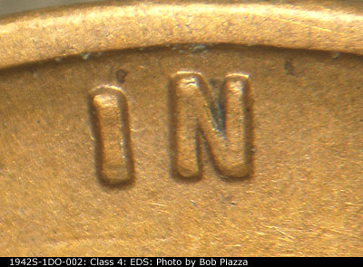 Die-stage A marker on 1942S•1DO•002 (1942 Doubled Die Obverse).
