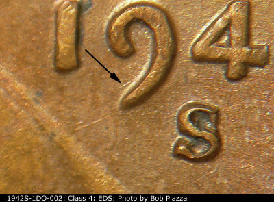 Die-stage A marker on 1942S•1DO•002 (1942 Doubled Die Obverse).