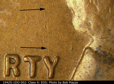 Die-stage A marker on 1942S•1DO•002 (1942 Doubled Die Obverse).