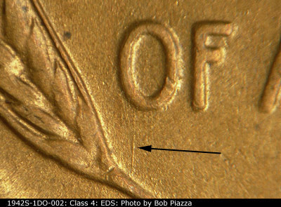 Die-stage A marker on 1942S•1DO•002 (1942 Doubled Die Obverse).