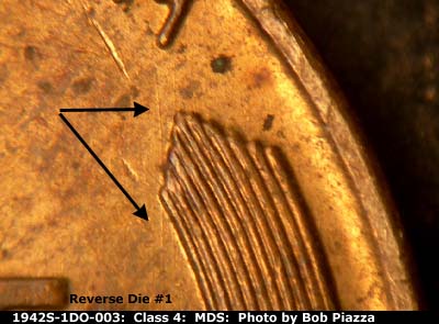 Die-stage B marker on 1942S•1DO•003 (1942 Doubled Die Obverse).