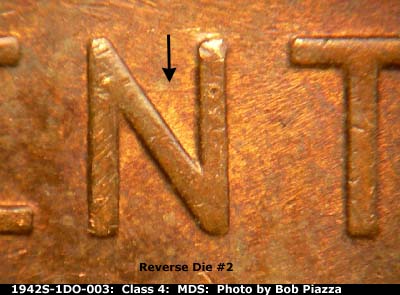 Die-stage B marker on 1942S•1DO•003 (1942 Doubled Die Obverse).