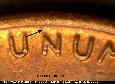 Die-stage B marker on 1942S•1DO•003 (1942 Doubled Die Obverse).