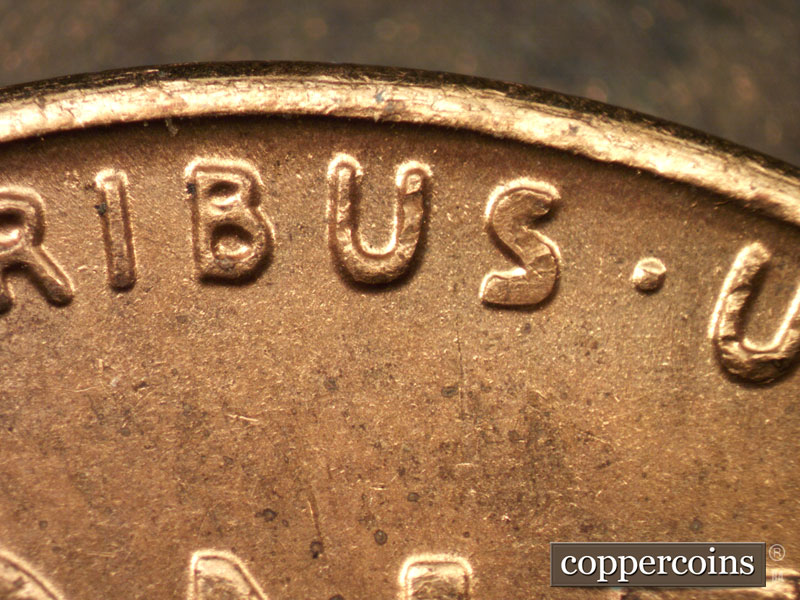 Die-stage B marker on 1942S•1DR•001 (1942 Doubled Die Reverse).