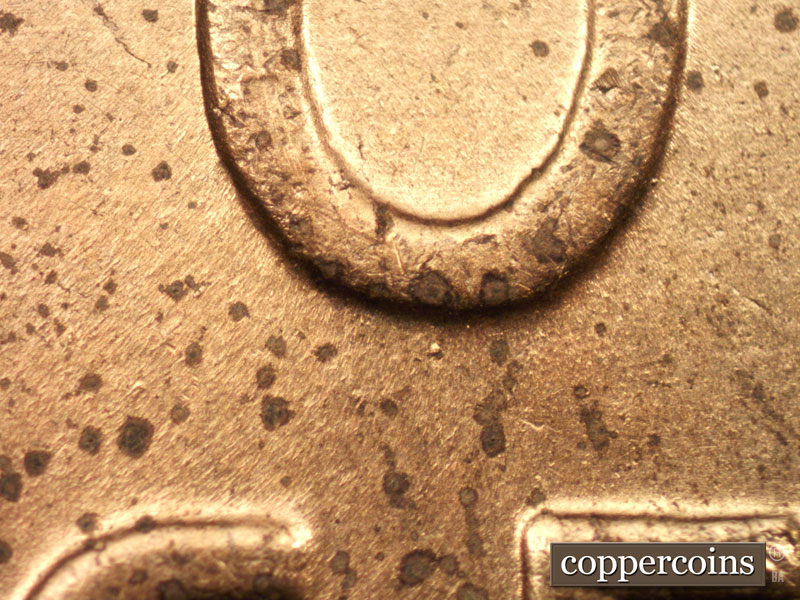 Die-stage B marker on 1942S•1DR•001 (1942 Doubled Die Reverse).