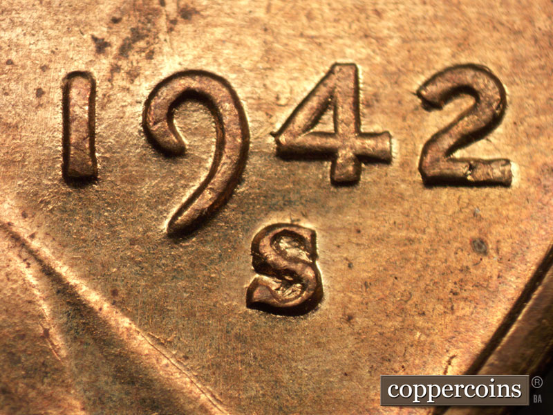 Die-stage B marker on 1942S•1DR•001 (1942 Doubled Die Reverse).