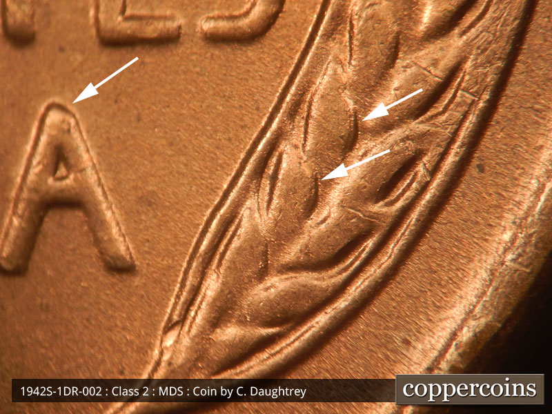 Die-stage B marker on 1942S•1DR•002 (1942 Doubled Die Reverse).