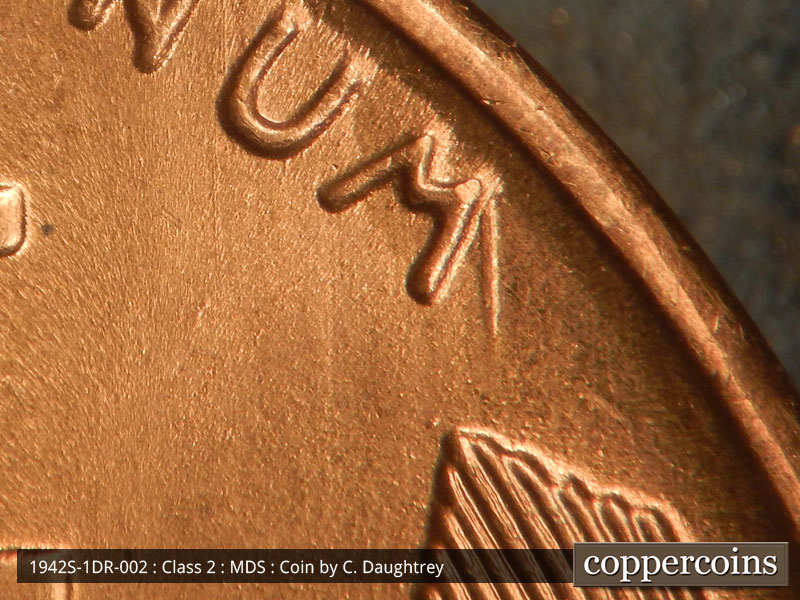 Die-stage B marker on 1942S•1DR•002 (1942 Doubled Die Reverse).