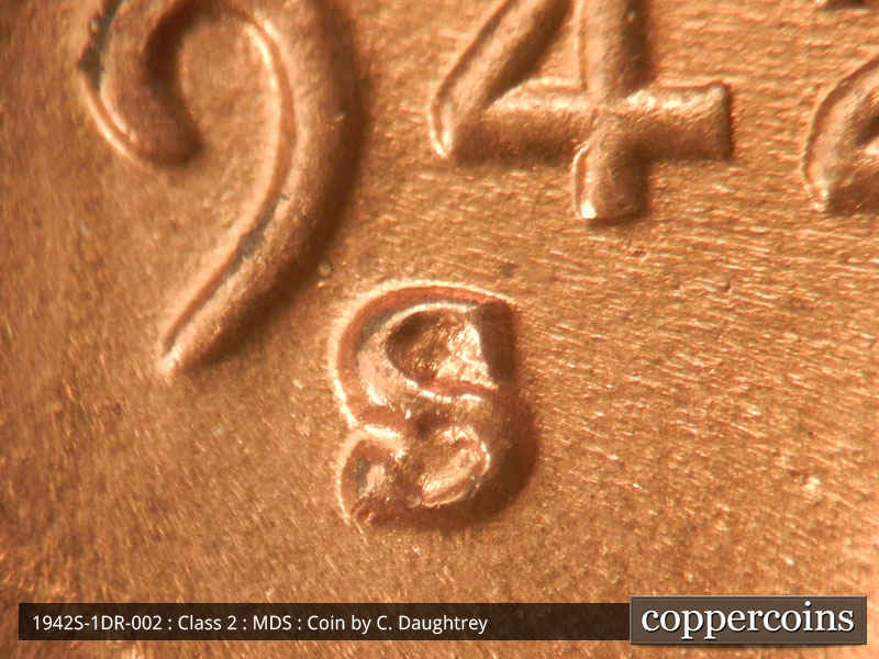 Die-stage B marker on 1942S•1DR•002 (1942 Doubled Die Reverse).