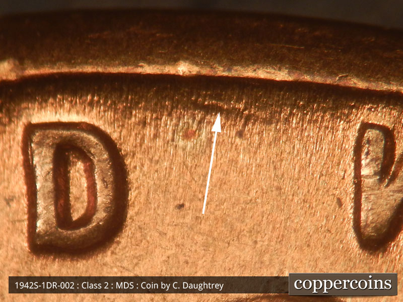 Die-stage B marker on 1942S•1DR•002 (1942 Doubled Die Reverse).