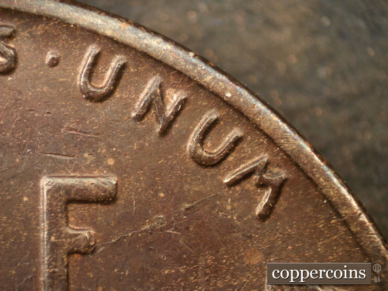 Die-stage B marker on 1942S•1DR•004 (1942 Doubled Die Reverse).