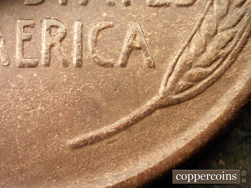Die-stage B marker on 1942S•1DR•004 (1942 Doubled Die Reverse).
