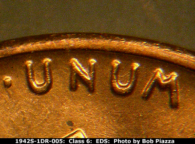 Die-stage A marker on 1942S•1DR•005 (1942 Doubled Die Reverse).