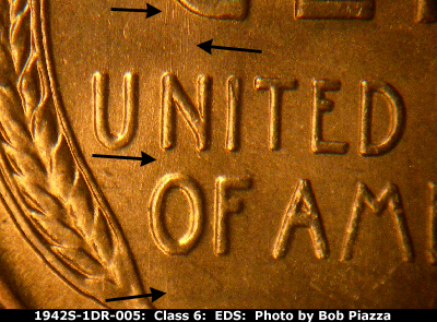 Die-stage A marker on 1942S•1DR•005 (1942 Doubled Die Reverse).