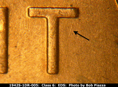 Die-stage A marker on 1942S•1DR•005 (1942 Doubled Die Reverse).