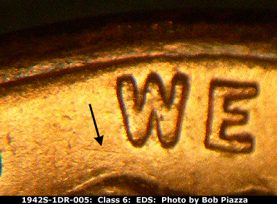 Die-stage A marker on 1942S•1DR•005 (1942 Doubled Die Reverse).