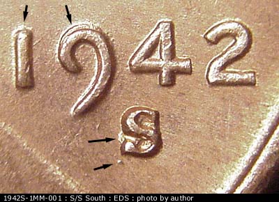 Die-stage A marker on 1942S•1MM•001 (1942 Repunched Mint Mark).