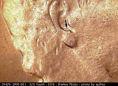 Die-stage A marker on 1942S•1MM•001 (1942 Repunched Mint Mark).