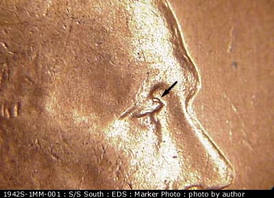Die-stage A marker on 1942S•1MM•001 (1942 Repunched Mint Mark).