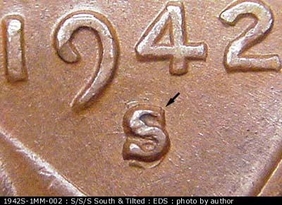 Die-stage A marker on 1942S•1MM•002 (1942 Repunched Mint Mark).