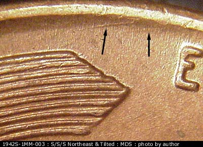 Die-stage B marker on 1942S•1MM•003 (1942 Repunched Mint Mark).