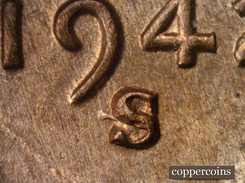 1942 Lincoln cent obverse, CopperCoins die 1942S•1MM•004.