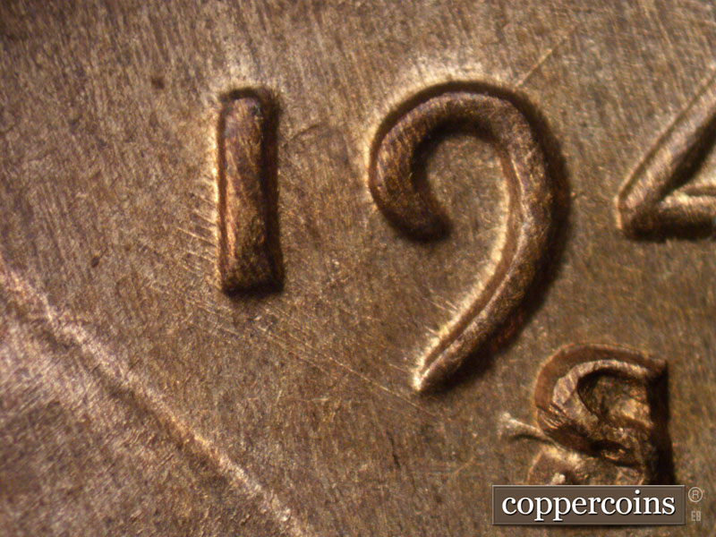 Die-stage B marker on 1942S•1MM•004 (1942 Repunched Mint Mark).