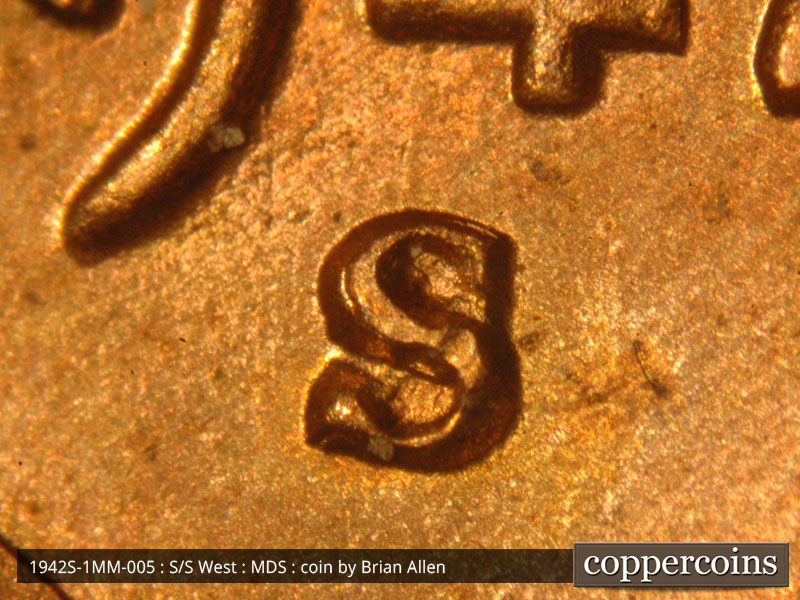 1942 Lincoln cent obverse, CopperCoins die 1942S•1MM•005.