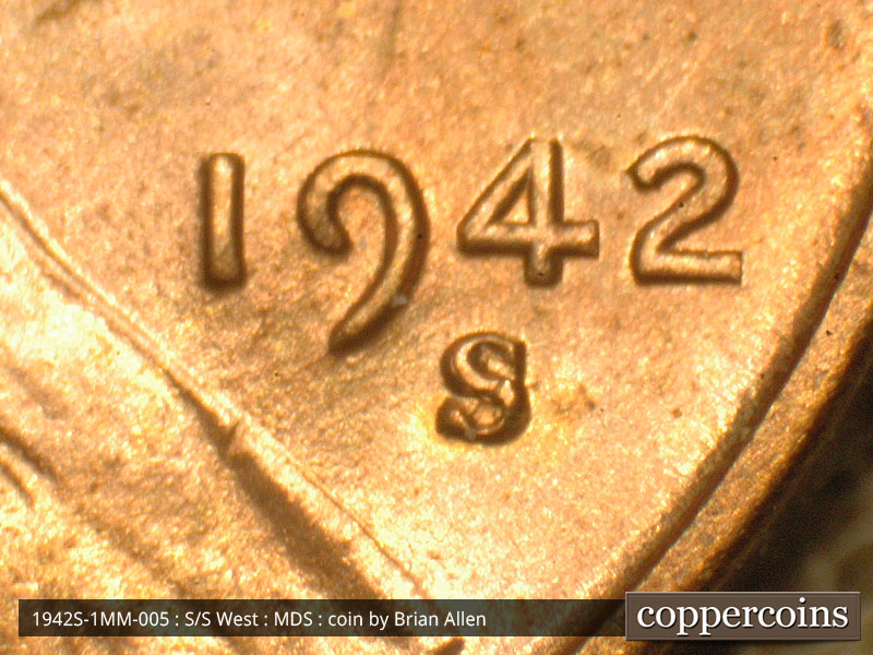 Die-stage B marker on 1942S•1MM•005 (1942 Repunched Mint Mark).