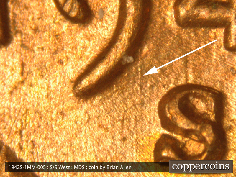 Die-stage B marker on 1942S•1MM•005 (1942 Repunched Mint Mark).