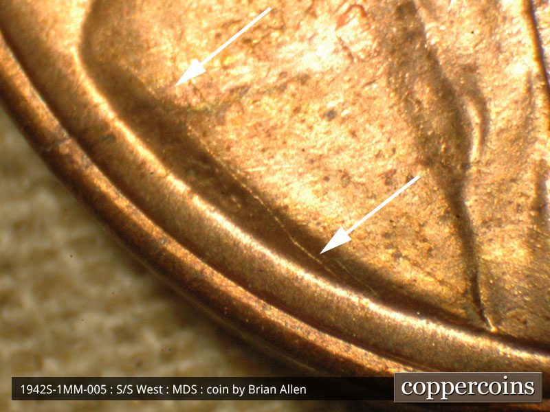 Die-stage B marker on 1942S•1MM•005 (1942 Repunched Mint Mark).