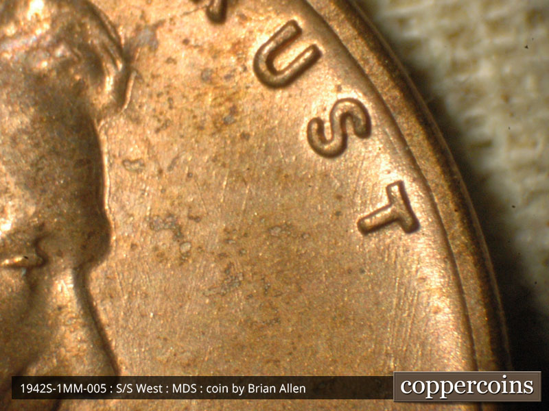 Die-stage B marker on 1942S•1MM•005 (1942 Repunched Mint Mark).