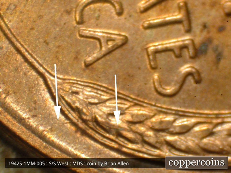 Die-stage B marker on 1942S•1MM•005 (1942 Repunched Mint Mark).
