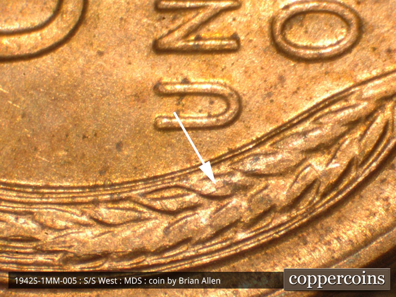 Die-stage B marker on 1942S•1MM•005 (1942 Repunched Mint Mark).