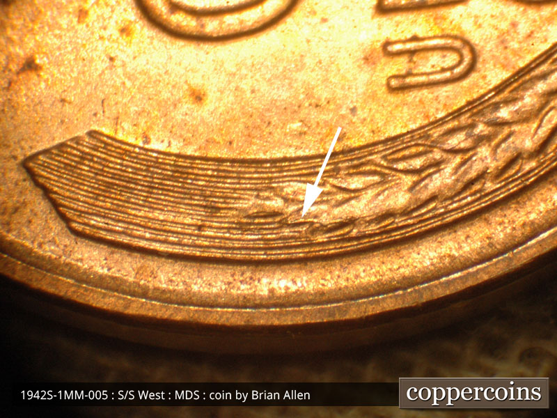 Die-stage B marker on 1942S•1MM•005 (1942 Repunched Mint Mark).