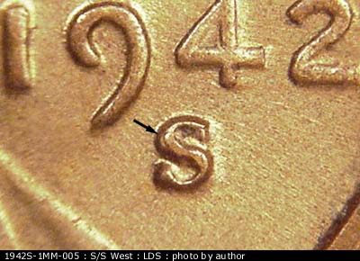 Die-stage C marker on 1942S•1MM•005 (1942 Repunched Mint Mark).