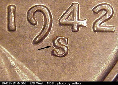 1942 Lincoln cent obverse, CopperCoins die 1942S•1MM•006.