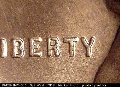 Die-stage B marker on 1942S•1MM•006 (1942 Repunched Mint Mark).