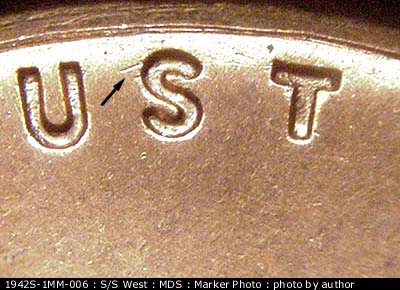 Die-stage B marker on 1942S•1MM•006 (1942 Repunched Mint Mark).