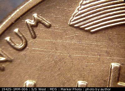 Die-stage B marker on 1942S•1MM•006 (1942 Repunched Mint Mark).