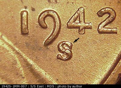 1942 Lincoln cent obverse, CopperCoins die 1942S•1MM•007.
