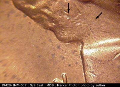 Die-stage B marker on 1942S•1MM•007 (1942 Repunched Mint Mark).