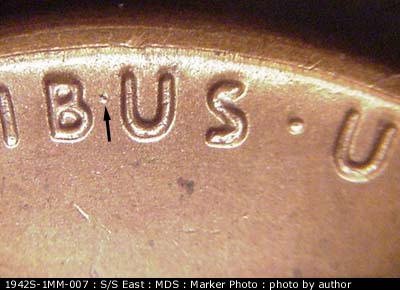 Die-stage B marker on 1942S•1MM•007 (1942 Repunched Mint Mark).