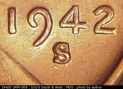 1942 Lincoln cent obverse, CopperCoins die 1942S•1MM•008.