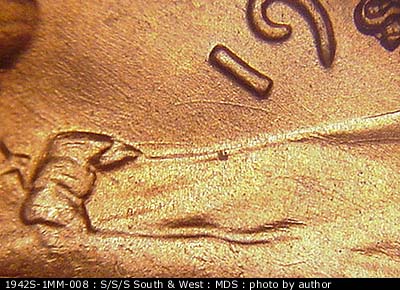 Die-stage B marker on 1942S•1MM•008 (1942 Repunched Mint Mark).